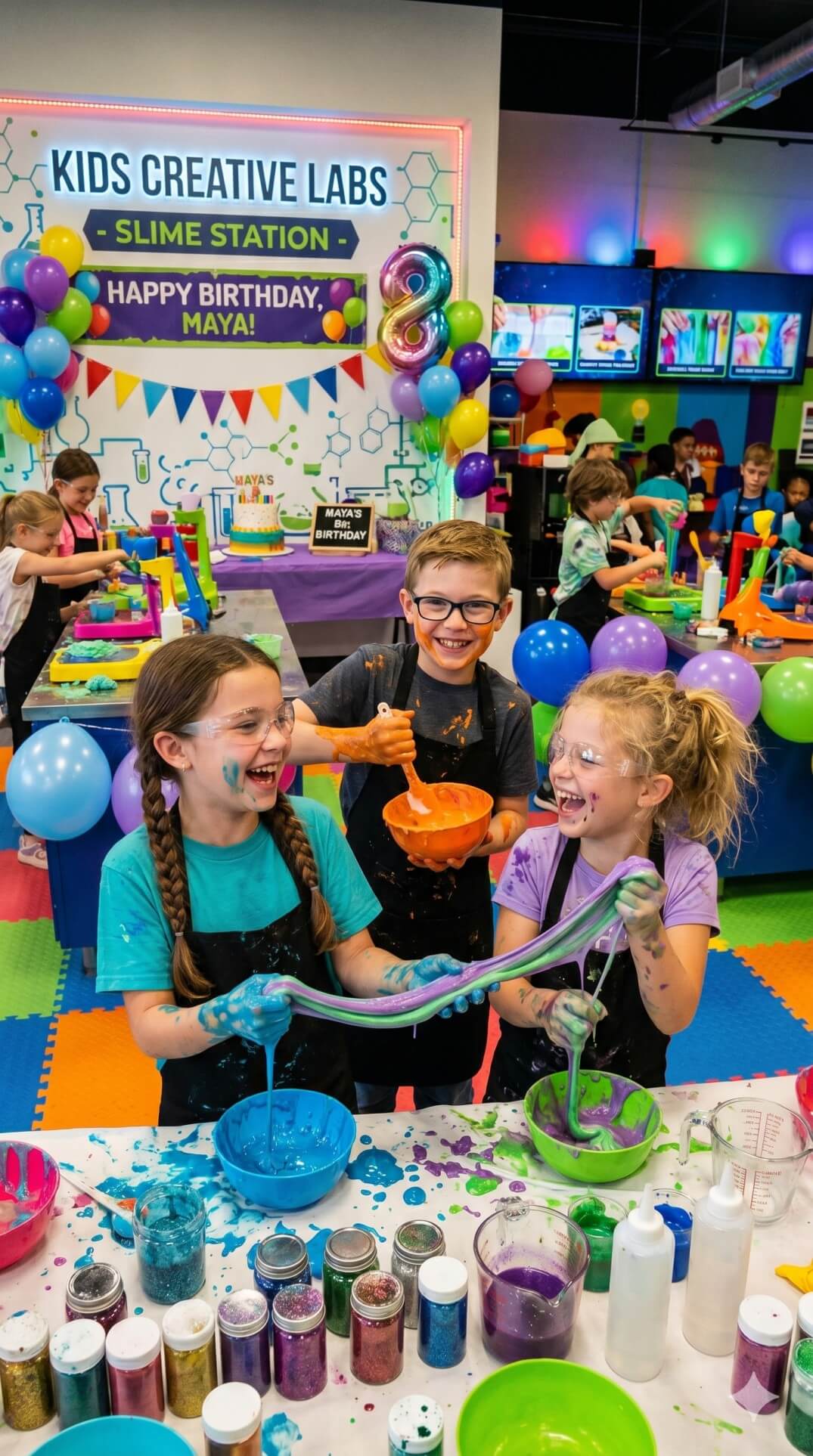 Kids making slime at a CipherX Slime Party
